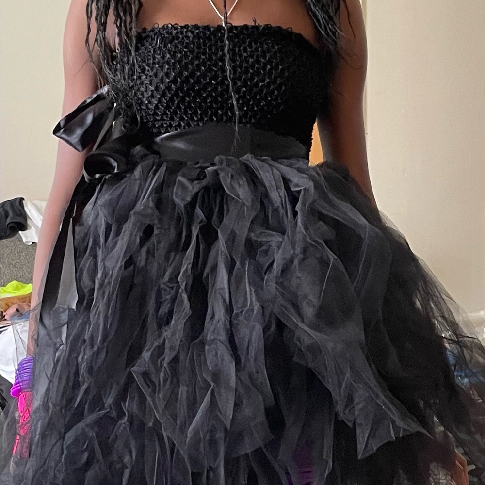 Kids no shoulder black tulle dress with sequins